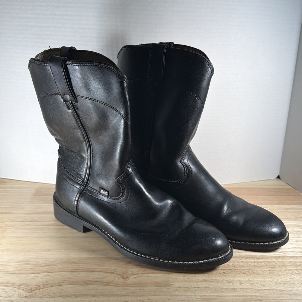 Justin Basic Dress Roper Mens Black Leather Cowboy Western Boots 9.5 EE JB3000